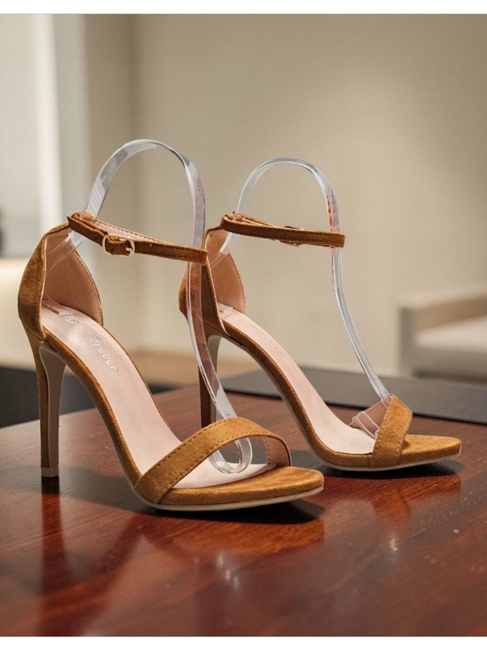Tan Faux Suede Ankle Strap High Heel Sandals For Women - Picture 2 of 14